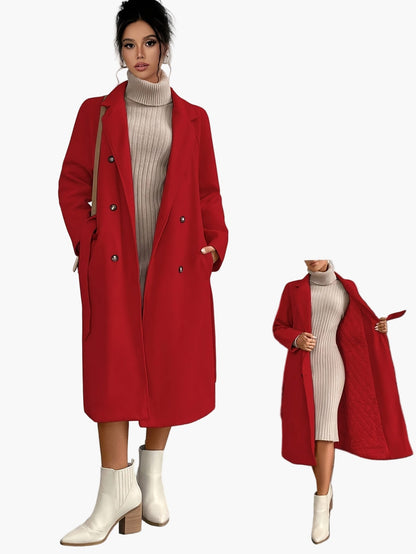 Manteau d'hiver élégant pour femme avec ceinture et poches – Long manteau stylé pour le quotidien et le bureau