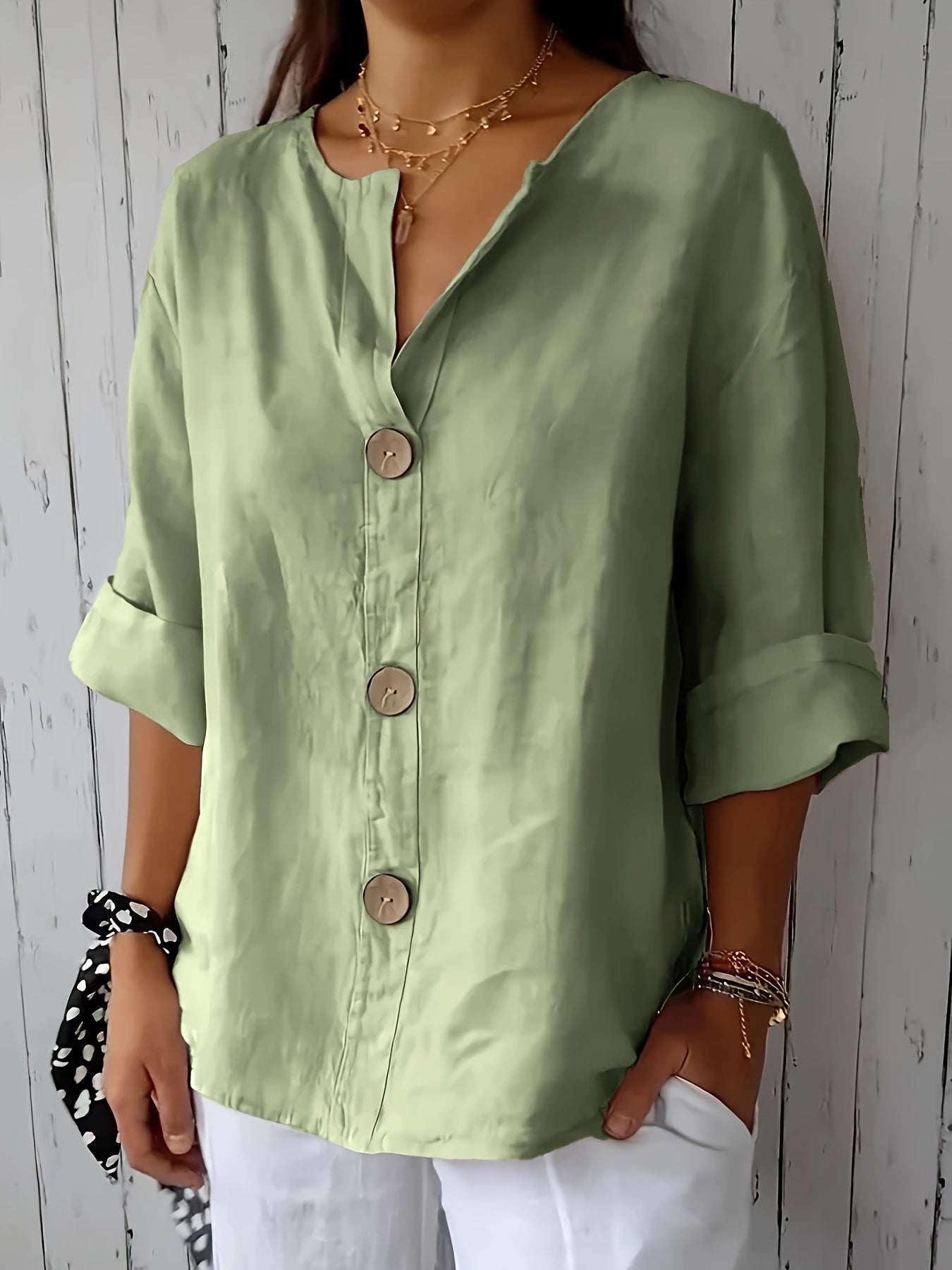 Camicia da donna con abbottonatura e maniche 3/4 – Camicia casual per tempo libero, quotidiano e ufficio