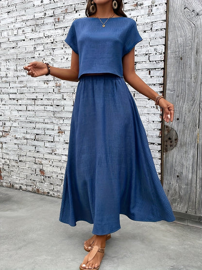 Dame todelt sæt maxi nederdel & kortærmet crop top elegant sommeroutfit