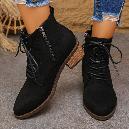 Damen Schnürstiefelette mit seitlichem Reißverschluss, Blockabsatz und spitzer Kappe