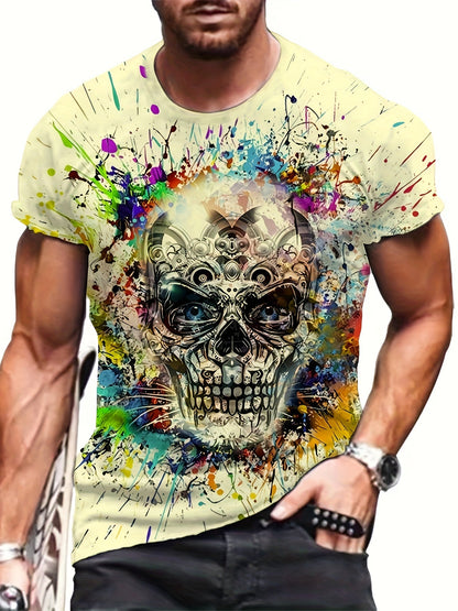 T-shirt homme avec imprimé tête de mort et éclaboussures de peinture – style streetwear urbain, manches courtes, grandes tailles