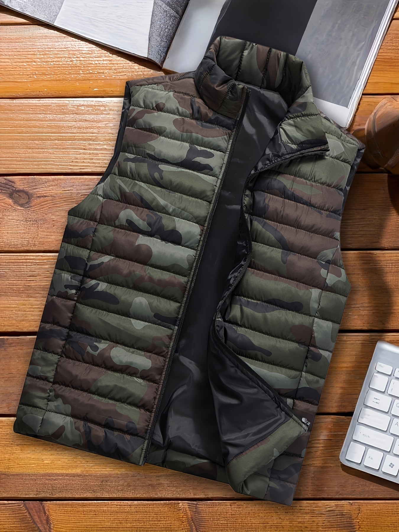 Herren Steppweste Camouflage Gemustert Stehkragen Reißverschluss