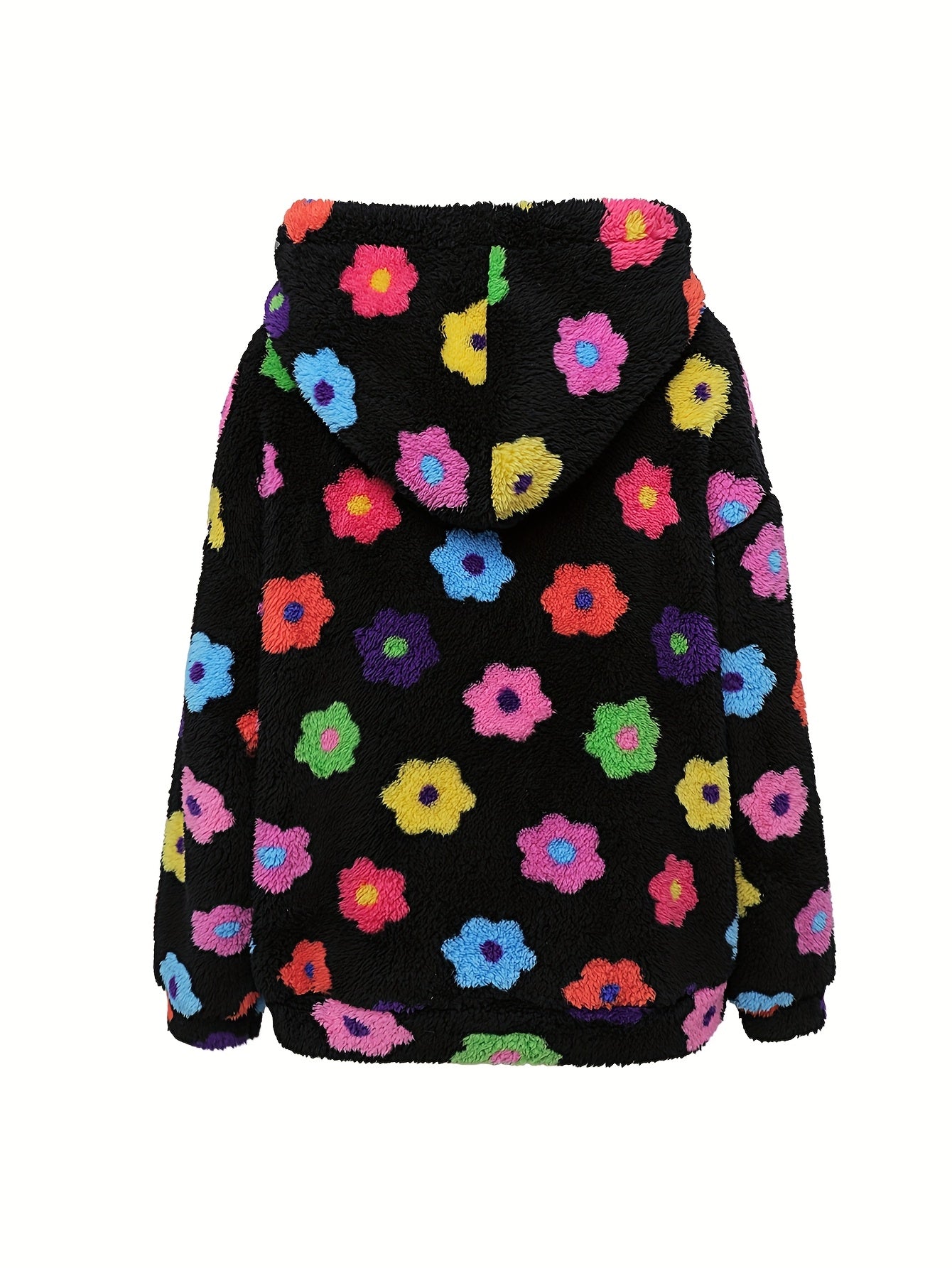 Damen Teddy-Fleece Kapuzenjacke mit bunten Blumen, Reißverschluss, Langarm