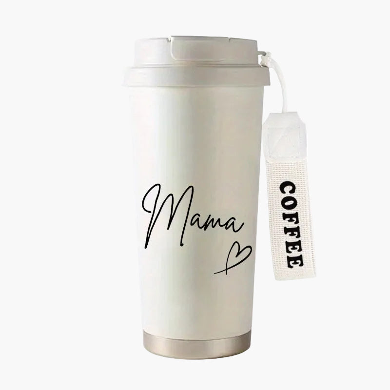 Mama thermobeker dames – stijlvolle reisbeker met opschrift en draaglus, perfect voor koffie & thee onderweg
