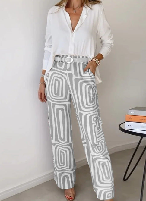 Shannon – Costume décontracté pour femme avec chemise à manches longues à col revers et pantalon à jambes larges