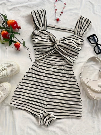 Mono de punto para mujer con patrón de rayas y frente retorcido – Elegante prenda de verano para tiempo libre y vacaciones