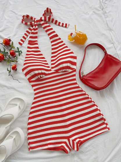 Damen Retro-Overall im Streifen-Look mit Neckholder – Sommerlicher Einteiler für Freizeit & Urlaub