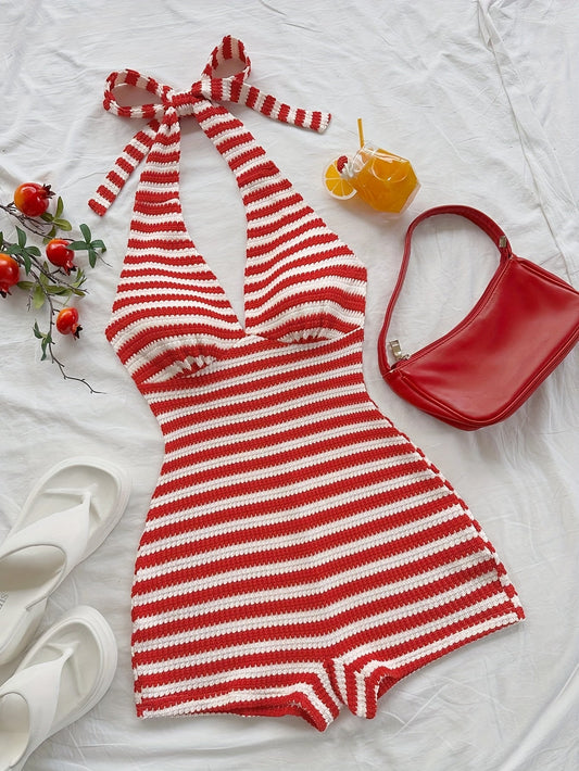 Dam Retro-Overall i randigt mönster med halterneck – somrig jumpsuit för fritid och semester