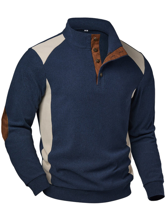 Herren Strickpullover Blau Beige mit Stehkragen und Ellenbogenpatches