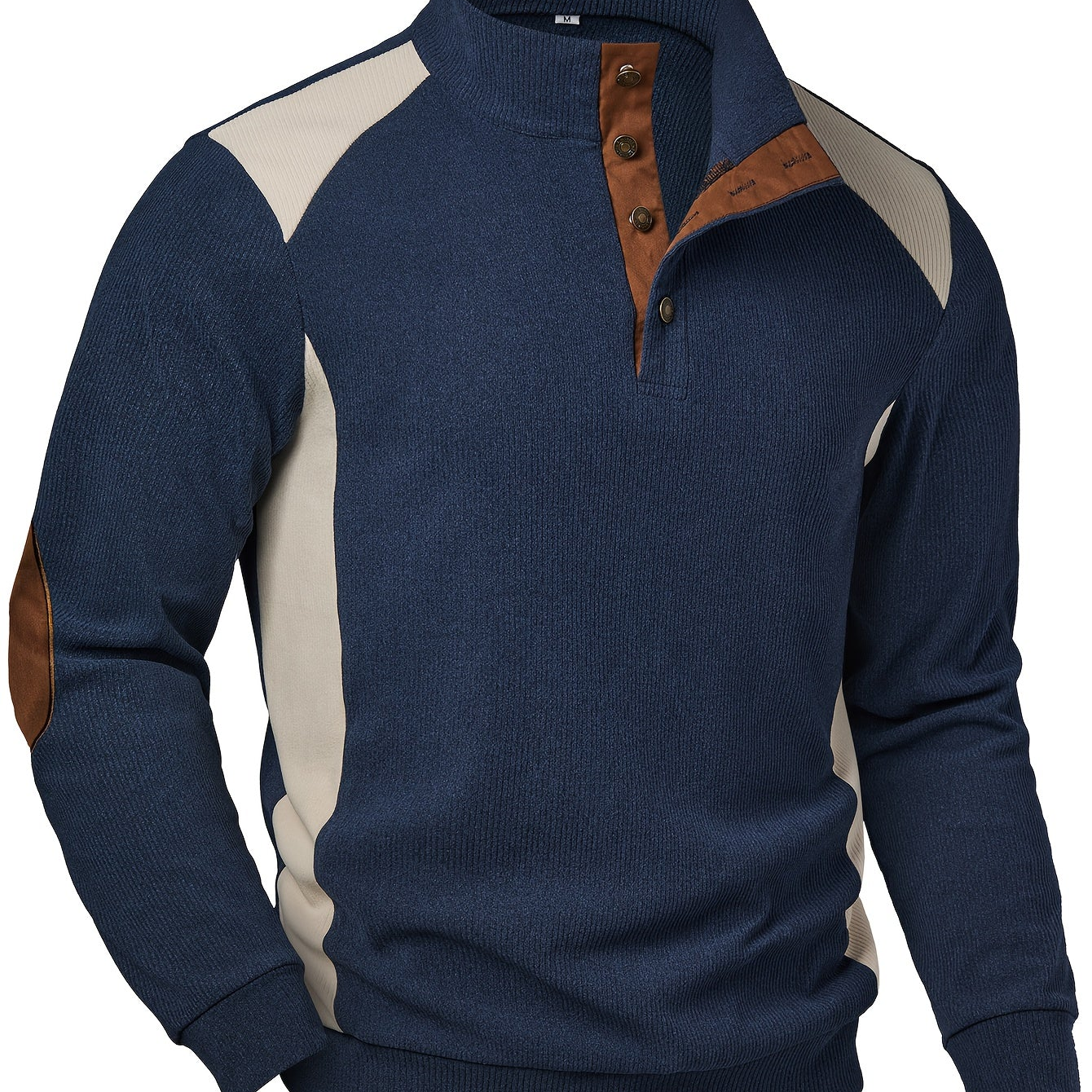 Jersey de punto para hombre azul y beige con cuello alto y parches en los codos