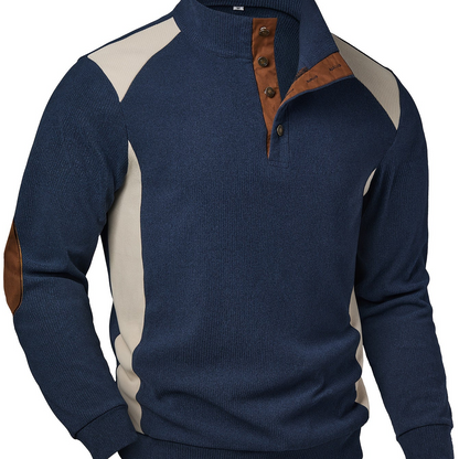Jersey de punto para hombre azul y beige con cuello alto y parches en los codos