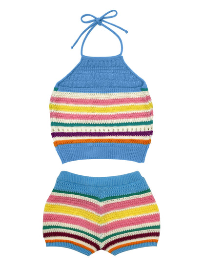 Dame Y2K strikkesett med halterneck og fargerike striper – moteriktig sommerantrekk