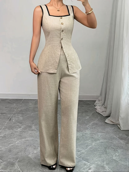 Damen Eleganter Zweiteiler Anzug mit Knopfleiste und weitem Bein – Perfekt für Büro & Alltag