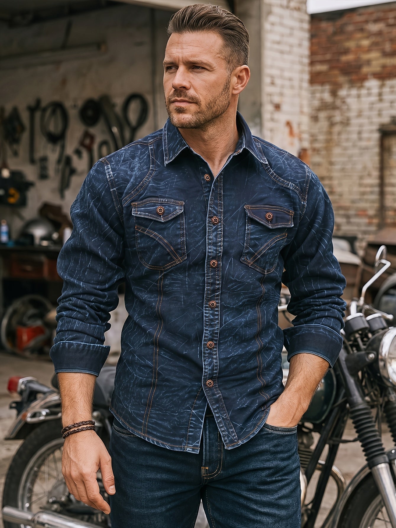 Herenoverhemd met lange mouwen, blauw, used-look, met borstzakken