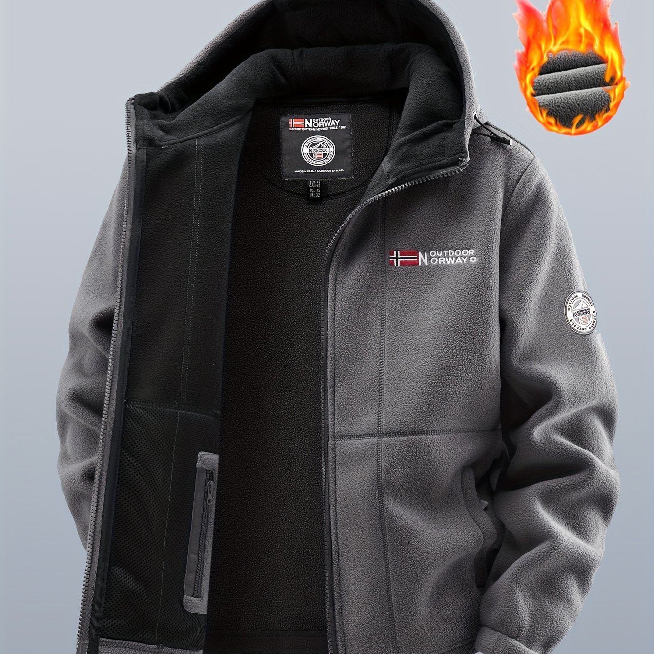 Chaqueta polar de exterior para hombre con capucha – Forro cálido, cierre de cremallera, bolsillo en el pecho