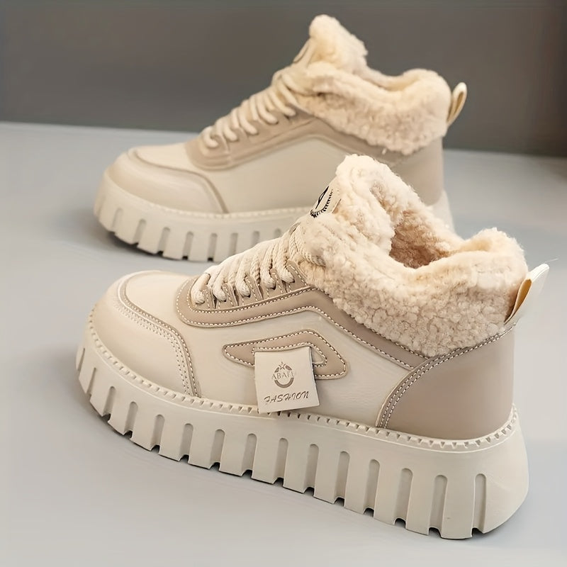 Damen Plateau Sneaker Stiefel Fütterung Schwarz Beige