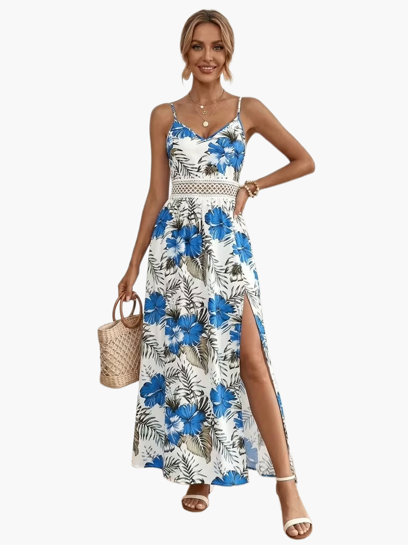 Robe longue femme à motif floral tropical avec bretelles spaghetti – Parfaite pour les vacances et l'été