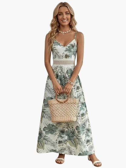 Robe longue femme à motif floral tropical avec bretelles spaghetti – Parfaite pour les vacances et l'été