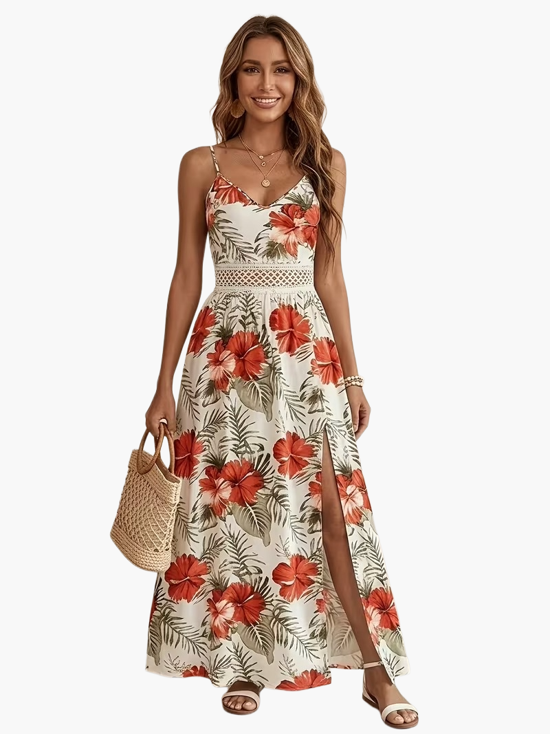 Robe longue femme à motif floral tropical avec bretelles spaghetti – Parfaite pour les vacances et l'été