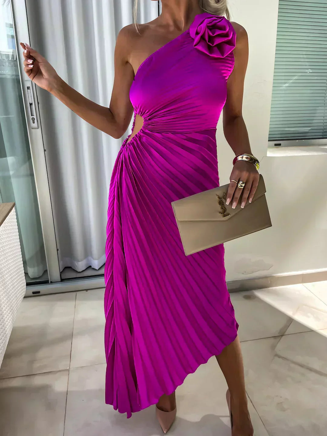 Damen One-Shoulder Plissee Kleid Eleganter Party- und Abend-Look