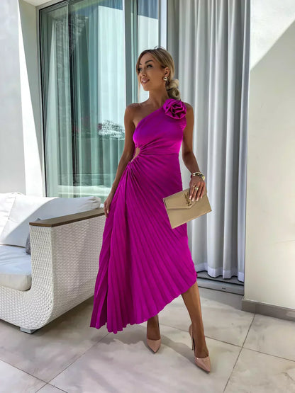 Damen One-Shoulder Plissee Kleid Eleganter Party- und Abend-Look