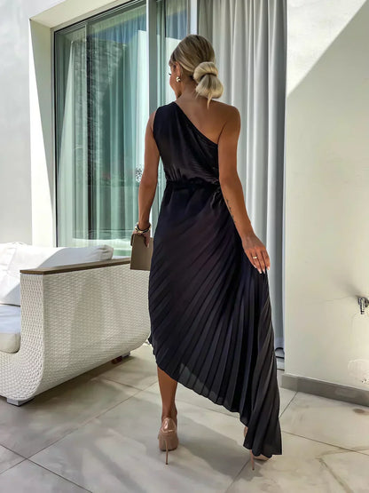 Damen One-Shoulder Plissee Kleid Eleganter Party- und Abend-Look