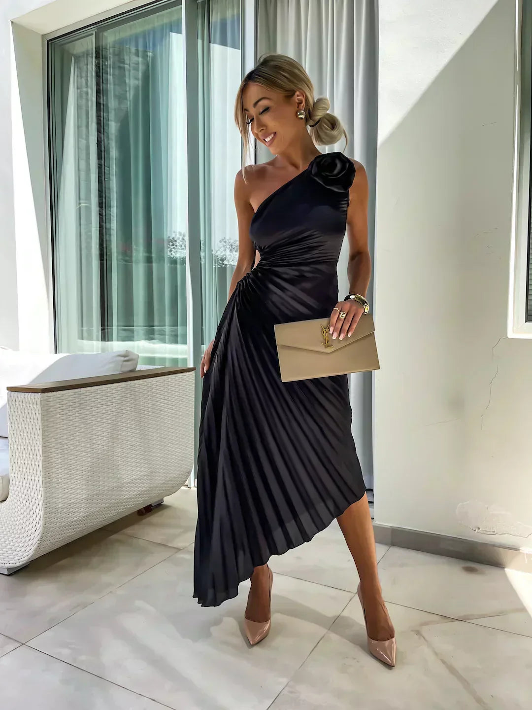 Damen One-Shoulder Plissee Kleid Eleganter Party- und Abend-Look