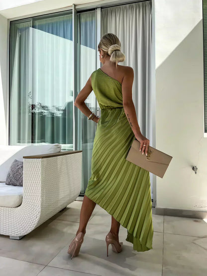 Damen One-Shoulder Plissee Kleid Eleganter Party- und Abend-Look