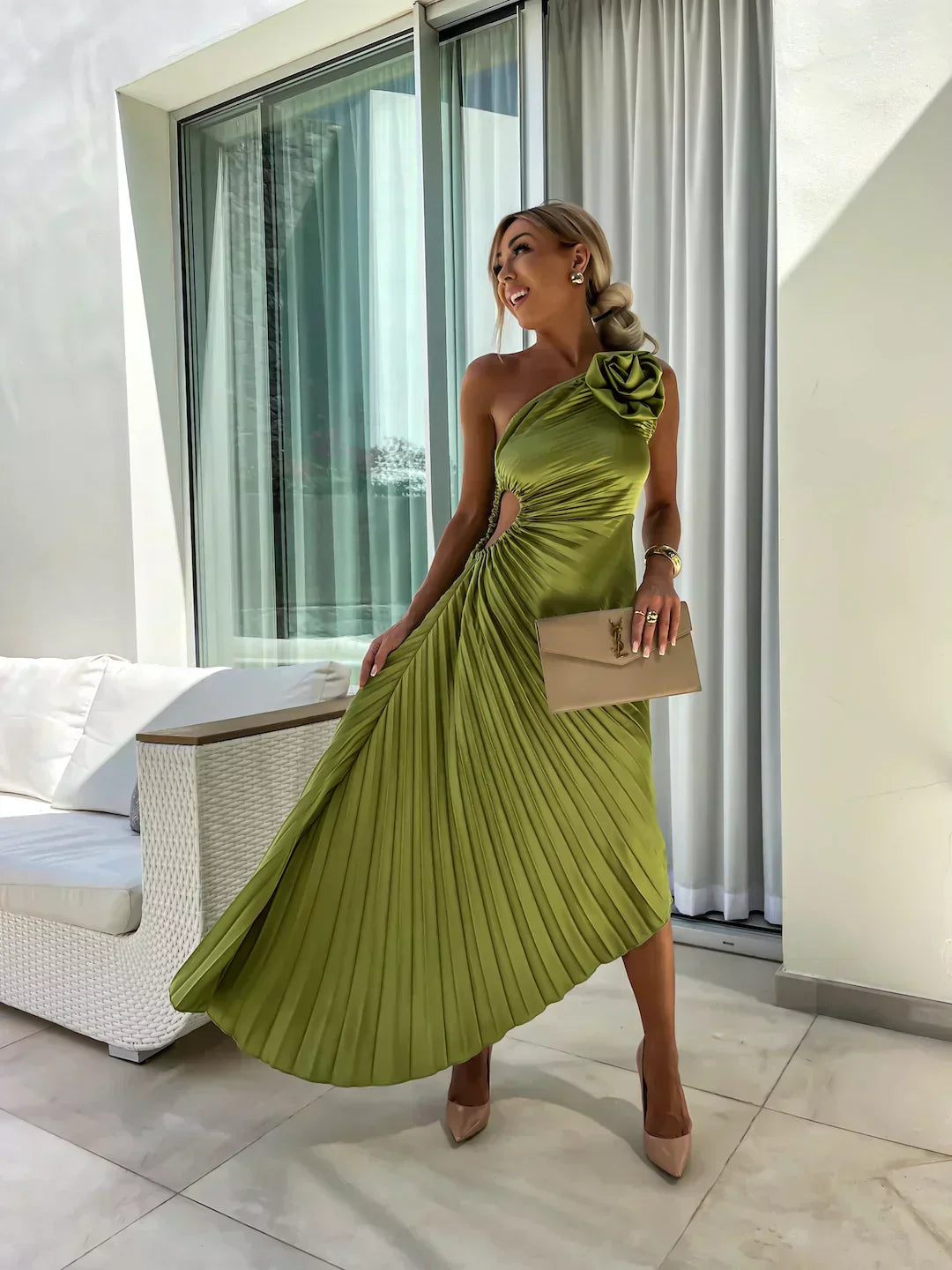 Damen One-Shoulder Plissee Kleid Eleganter Party- und Abend-Look