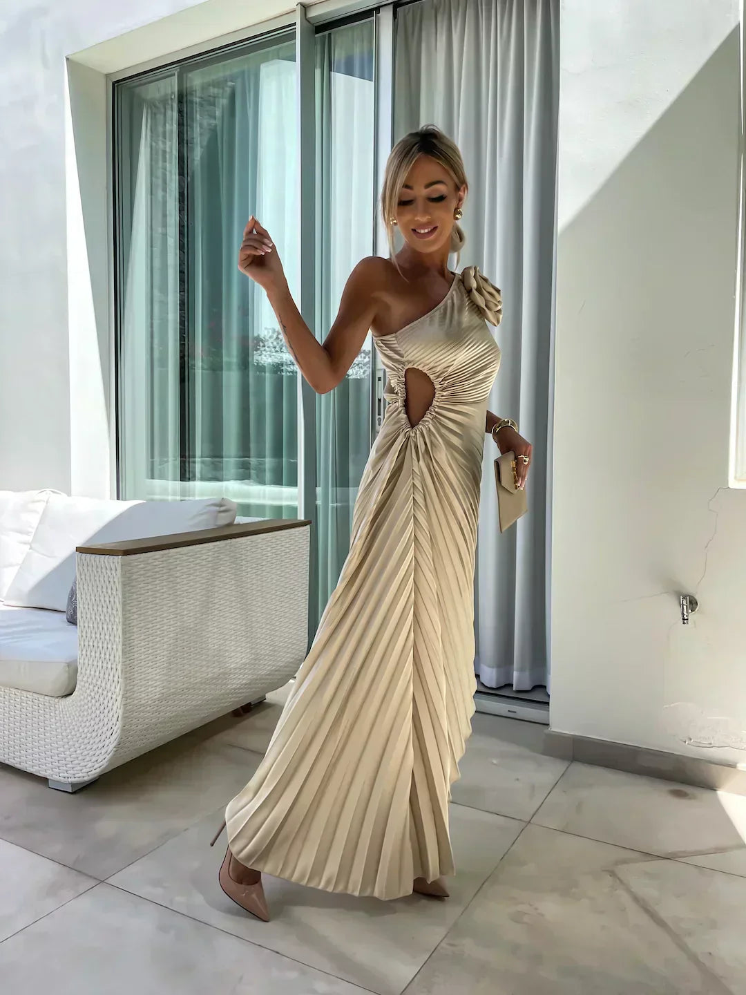 Damen One-Shoulder Plissee Kleid Eleganter Party- und Abend-Look