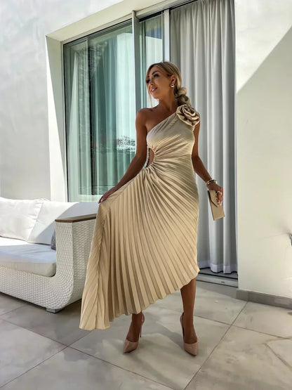 Damen One-Shoulder Plissee Kleid Eleganter Party- und Abend-Look