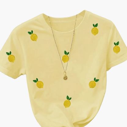 T-shirt femme avec broderie de citrons et imprimé moderne – Style décontracté, idéal pour le quotidien
