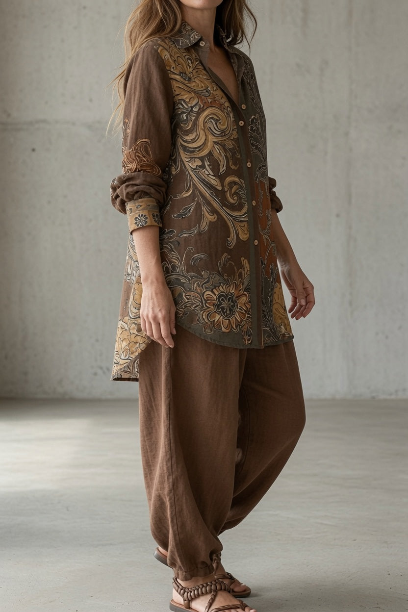 Nina | Gebloemde tweedelige set voor dames met top en broek, lange mouwen en knopen