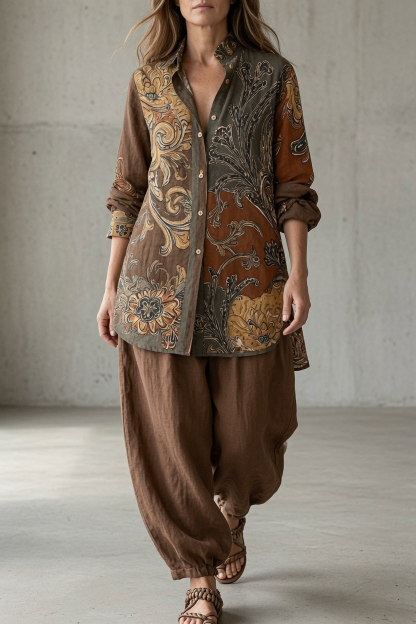 Nina | Gebloemde tweedelige set voor dames met top en broek, lange mouwen en knopen