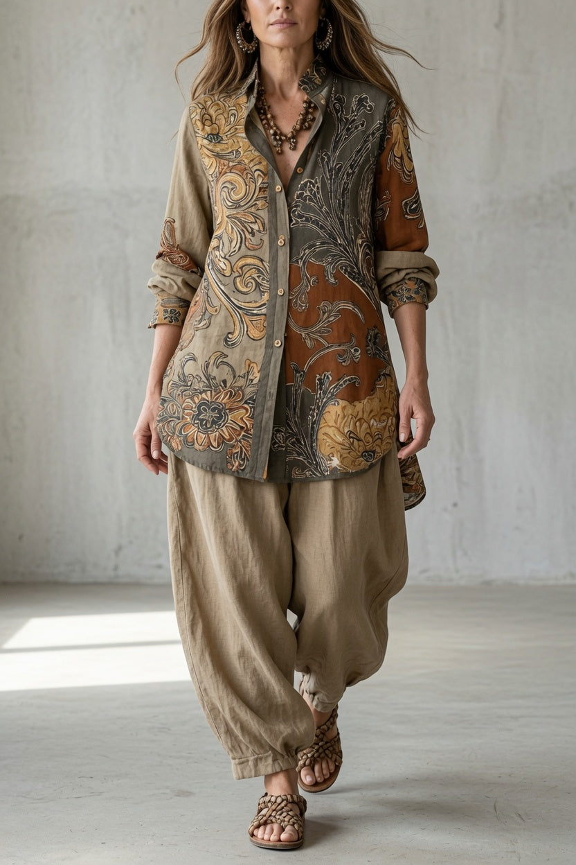 Nina | Gebloemde tweedelige set voor dames met top en broek, lange mouwen en knopen