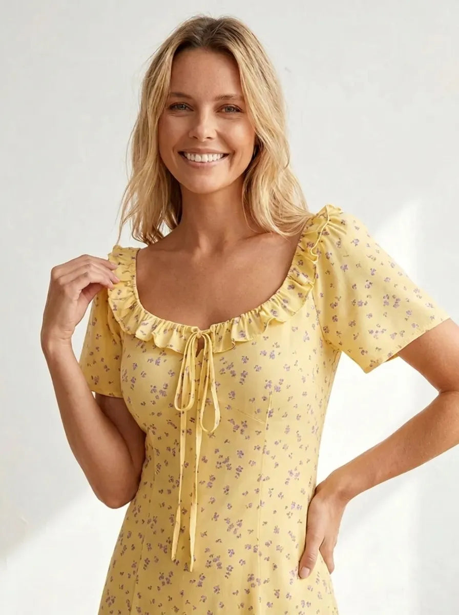 Diana | Midi-jurk voor dames met bloemenprint, V-hals en korte mouwen