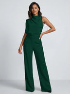 Mouwloze jumpsuit met hoge hals, wijde pijpen en zakken voor dames