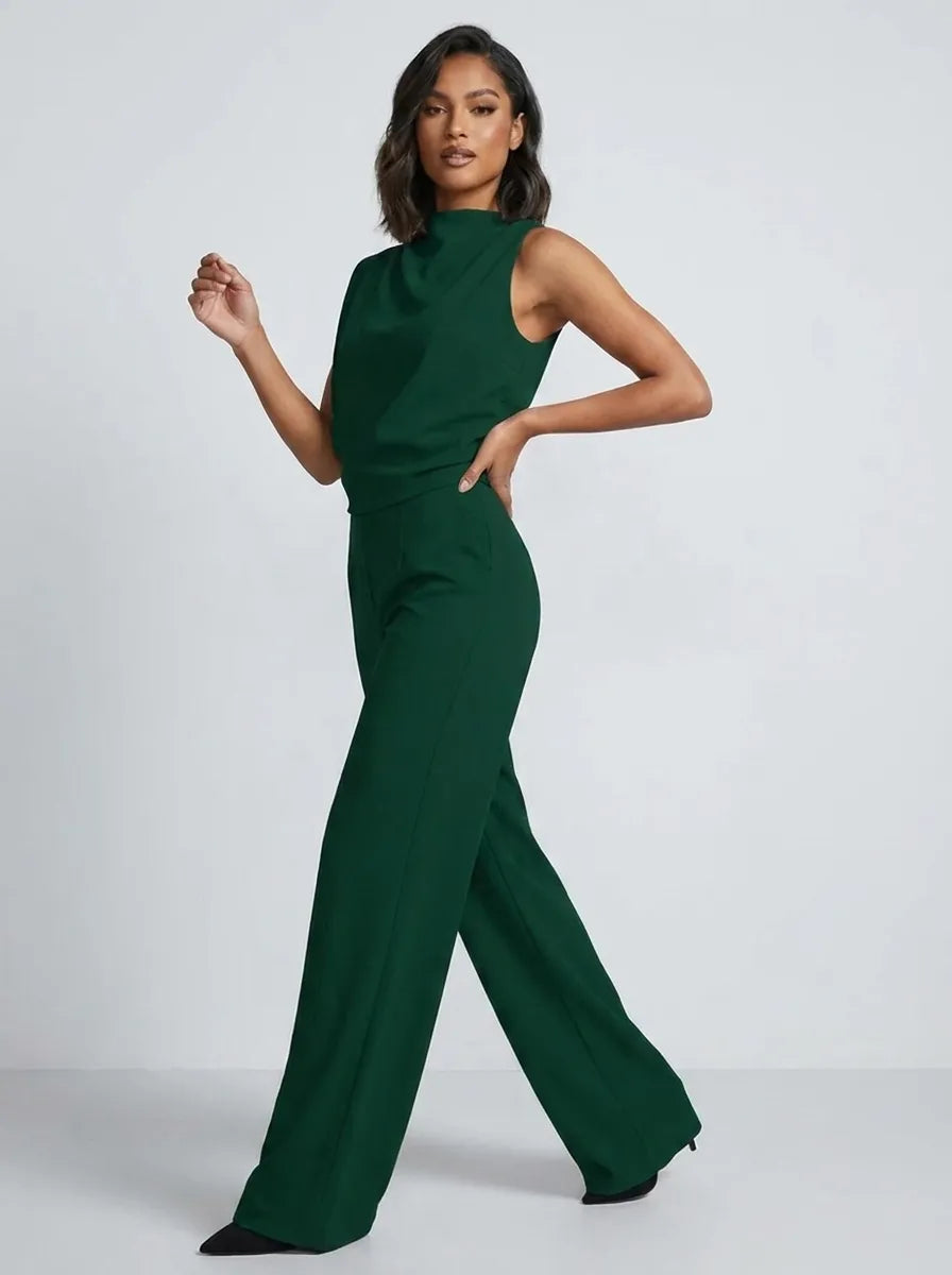 Mouwloze jumpsuit met hoge hals, wijde pijpen en zakken voor dames