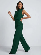 Mouwloze jumpsuit met hoge hals, wijde pijpen en zakken voor dames