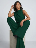 Mouwloze jumpsuit met hoge hals, wijde pijpen en zakken voor dames