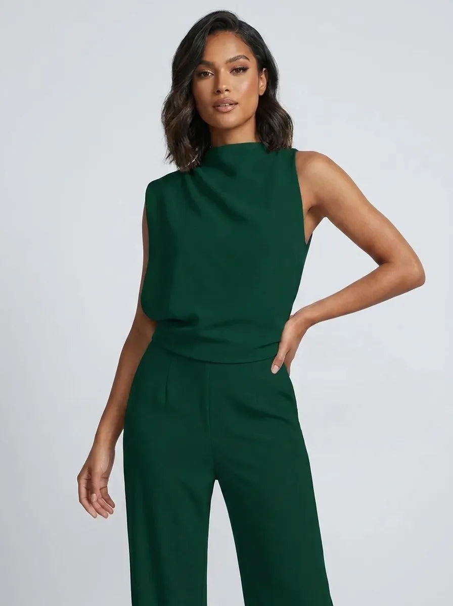 Mouwloze jumpsuit met hoge hals, wijde pijpen en zakken voor dames