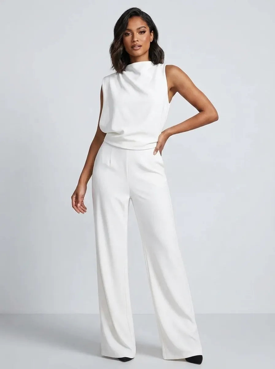 Mouwloze jumpsuit met hoge hals, wijde pijpen en zakken voor dames