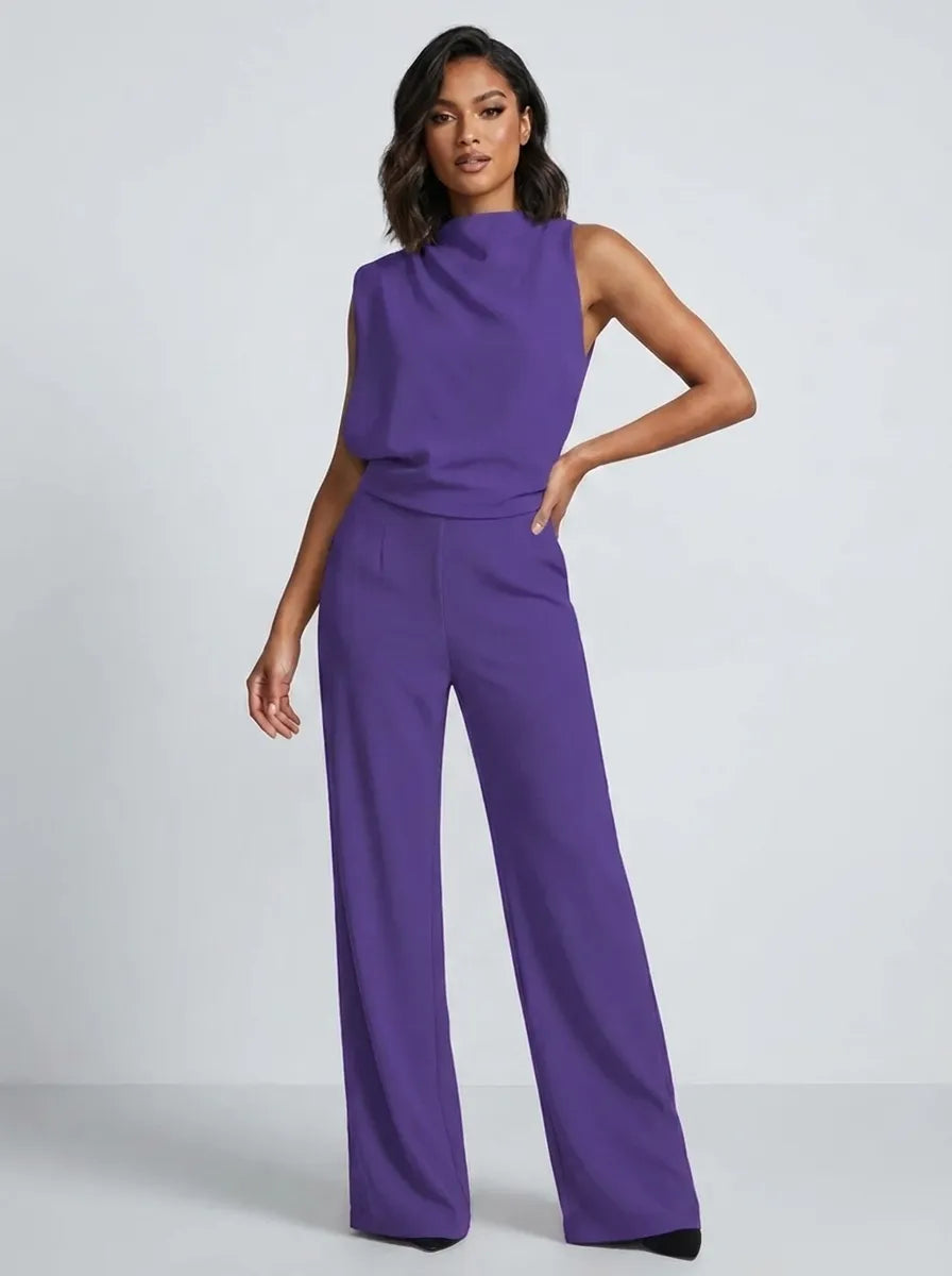 Mouwloze jumpsuit met hoge hals, wijde pijpen en zakken voor dames