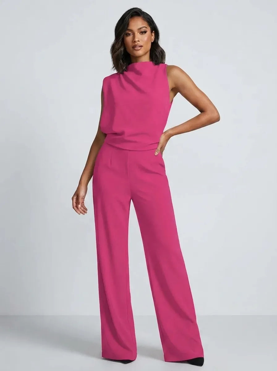 Mouwloze jumpsuit met hoge hals, wijde pijpen en zakken voor dames