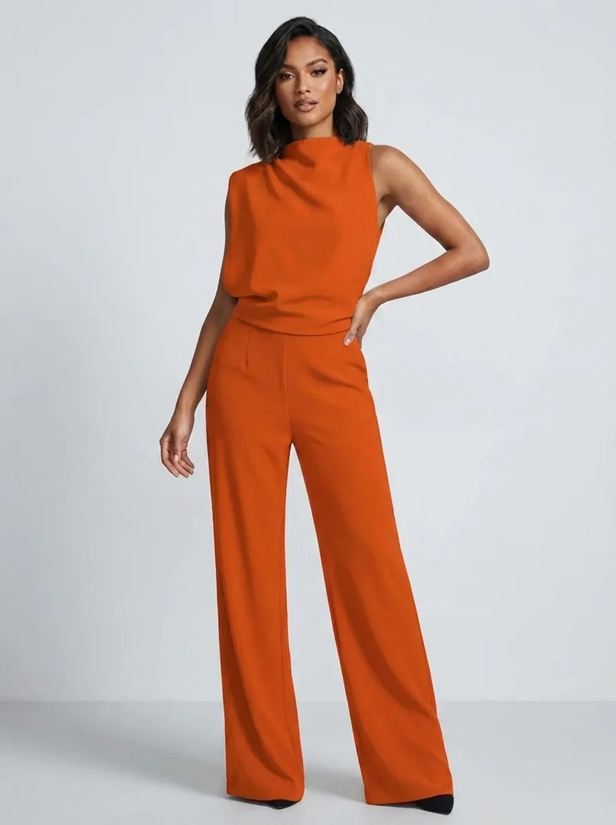 Mouwloze jumpsuit met hoge hals, wijde pijpen en zakken voor dames