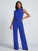 Mouwloze jumpsuit met hoge hals, wijde pijpen en zakken voor dames