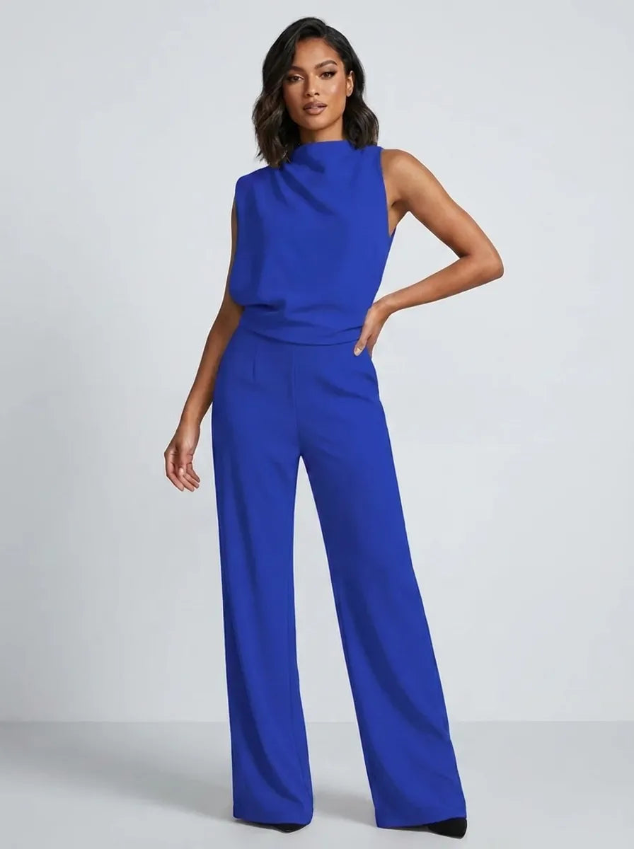 Mouwloze jumpsuit met hoge hals, wijde pijpen en zakken voor dames
