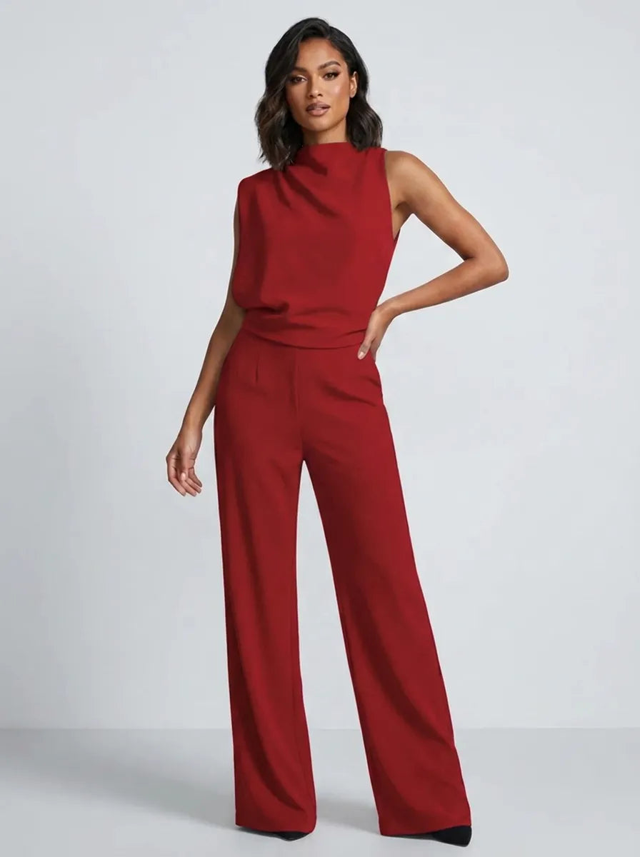 Mouwloze jumpsuit met hoge hals, wijde pijpen en zakken voor dames
