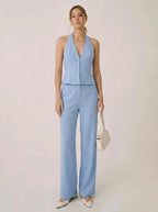 Tweedelige set voor dames: haltertop met V-hals en wijde broek