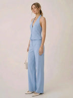 Tweedelige set voor dames: haltertop met V-hals en wijde broek